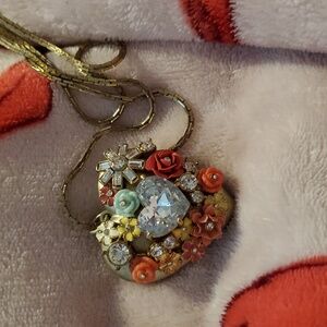 Vintage Floral Heart Locket with Avon Tag Chain Goldtone Valentines Heart